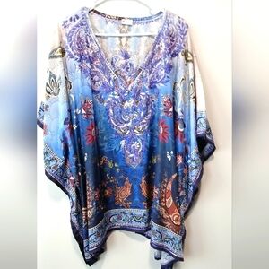 Handmade 100% Polysilk Embroidered Blue Purple Floral Artsy Caftan Cover-up OS